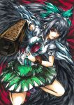  arm_cannon armband bird_wings black_hair black_wings bow breasts grin kneeling large_breasts long_hair red_eyes reiuji_utsuho shoes skirt smile solo third_eye torn_clothes touhou tourniquet505 traditional_media weapon wings 