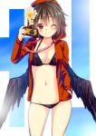  bikini black_hair blush camera flower hair_flower hair_ornament hoodie looking_at_viewer navel open_clothes open_mouth open_shirt red_eyes saki_chisuzu shameimaru_aya short_hair smile solo swimsuit touhou wings wink 