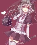  1girl chain chains dress elbow_gloves garters gloves hat heart kanna_asumi magical_girl mahou_shoujo_madoka_magica mini_top_hat morning_star morning_star_(weapon) open_mouth pekora pekora_(evening_twilight) red_background ribbon short_hair silver_hair simple_background skirt solo spike spikes thighhighs top_hat veil weapon white_legwear zettai_ryouiki 
