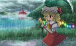  1girl :o ascot blonde_hair cloudy_sky flandre_scarlet grass hat hat_ribbon hiryou lake leaf_umbrella looking_away mob_cap mountain path puffy_short_sleeves puffy_sleeves rain red_eyes ribbon road scarlet_devil_mansion short_hair short_sleeves side_ponytail skirt skirt_set slit_pupils solo touhou water_droplets wings wrist_cuffs 