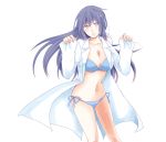  bikini blue_hair breasts dark_persona hips labcoat legs long_hair looking_at_viewer older persona persona_4 persona_x_detective shirogane_naoto shouyu_no_otomo smile solo swimsuit thighs wavy_hair yellow_eyes 