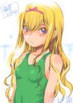  bare_shoulders blonde_hair blue_eyes blush breasts character_request copyright_request dated green_swimsuit hairband inoue_sora long_hair one-piece_swimsuit partially_translated signature solo swimsuit translation_request 