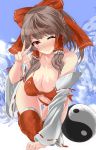  absurdres alternate_costume blush bow breasts bullet201245 cleavage collarbone detached_sleeves hair_bow hair_tubes hakurei_reimu highres large_breasts red_eyes smile solo sweatdrop swimsuit thigh-highs thighhighs touhou v wide_sleeves wink yin_yang 
