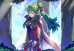  adult blush bracelet breasts cape chiki cleavage closed_eyes elf eyes_closed fire_emblem fire_emblem:_kakusei gloves green_hair jewelry long_hair mejiro pointy_ears ponytail solo 