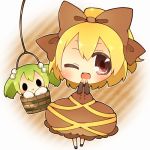  :&gt; blonde_hair blush bow brown_eyes bucket chibi green_hair hair_bobbles hair_bow hair_ornament in_bucket in_container kisume kurodani_yamame long_sleeves multiple_girls noramimi open_mouth short_hair solid_circle_eyes touhou twintails wink 