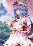 alternate_hairstyle ascot bat_wings blue_hair blush bow brooch cloud clouds dress fingernails hat hat_ribbon highres holding jewelry outdoors rasahan red_eyes remilia_scarlet ribbon short_hair skirt skirt_set sky smile solo touhou umbrella wings wrist_cuffs 