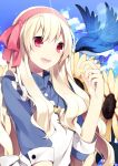  :d bird blonde_hair flower hijiri_(resetter) key long_hair mary_(kagerou_project) open_mouth red_eyes smile solo souzou_forest_(vocaloid) sunflower vocaloid 