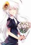  :d ^_^ ahoge anceril_sacred anseru blush bouquet closed_eyes dress eyes_closed flower hair_flower hair_ornament holding long_hair looking_at_viewer mishima_kurone open_mouth original silver_hair simple_background smile solo sunflower very_long_hair white_background white_hair 