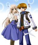  1girl :d :o ? absurdres backpack bag belt blue_eyes brown_hair female fur_trim higa_yukari highres jacket lily_strosek long_hair long_skirt lyrical_nanoha mahou_senki_lyrical_nanoha_force mahou_shoujo_lyrical_nanoha mahou_shoujo_lyrical_nanoha_the_movie_1st male official_art open_mouth pantyhose script short_hair skirt smile steed steepled_fingers thoma_avenir 