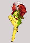  1girl belt big_hair bodysuit boots breasts commentary crossed_arms curvy green_eyes headband jacket large_breasts lipstick long_hair makeup marvel multicolored_hair redhead rogue_(x-men) simple_background slugbox smirk solo thigh-highs thigh_boots two-tone_hair white_hair x-men 