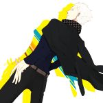  belt earrings from_behind houndstooth jacket jacket_on_shoulders jewelry long_sleeves looking_back male pants persona persona_4 piercing scar short_hair solo tatsumi_kanji white_hair 
