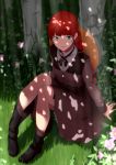  absurdres anne_of_green_gables anne_shirley arm_support blush braid dress freckles green_eyes hat highres kinniku1234 long_hair looking_at_viewer onsen_(artist) red_hair redhead sitting smile solo sunlight tree_shade world_masterpiece_theater 