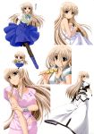  :d :o absurdres bed_sheet black_legwear blue_eyes blush boots bow bracelet breasts brown_hair chibi_inset dango embarrassed food higa_yukari highres jewelry large_breasts lily_strosek long_hair looking_back looking_over_shoulder lyrical_nanoha mahou_senki_lyrical_nanoha_force naked_sheet official_art open_mouth pajamas pantyhose shorts skewer skirt smile steed sweat wagashi 