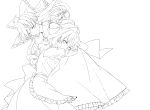  akanonasu bow closed_eyes eyes_closed hair_bow hakurei_reimu highres kirisame_marisa lineart long_hair looking_at_viewer lying monochrome multiple_girls no_hat no_headwear simple_background touhou white_background 