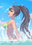  bikini black_hair don_michael fang ganaha_hibiki green_bikini green_eyes idolmaster long_hair open_mouth partially_submerged ponytail side solo swimsuit water wet 