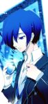  arisato_minato blue blue_eyes blue_hair fusuma_(not_found) hair_over_one_eye headphones male monochrome persona persona_3 school_uniform solo 