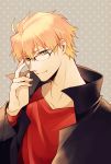  amakura_(am_as) bespectacled blonde_hair casual fate/prototype fate_(series) glasses green_eyes male over-rim_glasses saber_(fate/prototype) semi-rimless_glasses short_hair solo 