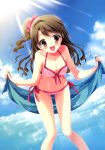  :d absurdres artist_request bikini blush breasts brown_eyes brown_hair character_request copyright_request highres long_hair navel ocean one_side_up open_mouth outdoors ponytail side-tie_bikini smile solo swimsuit tanihara_natsuki towel water wet 
