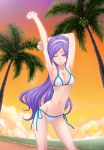  arm_up armpits beach bikini blue_eyes blue_hair cloud clouds fresh_precure! lens_flare long_hair navel palm_tree precure purple_hair say_(sakabin) shiny shiny_skin side-tie_bikini sky smile stretch sunset swimsuit tree very_long_hair wink 