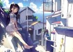  absurdres alley architecture bare_legs barefoot black_hair blue_sky blush book feet highres house kantoku long_hair looking_at_viewer ocean original pleated_skirt scan school_uniform shade sitting skirt sky smile solo stairs tree_shade two_side_up yellow_eyes 