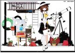  1girl absurdres ascot brown_eyes brown_hair character_name globe hat highres holding ideolo looking_at_viewer plant scan shirt shoes short_hair short_sleeves skirt socks solo telescope touhou usami_renko v_arms vest 