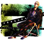  bad_id blonde_hair bullet chair character_name delinquent folding_chair jacket jacket_on_shoulders jewelry long_sleeves male necklace persona persona_4 persona_4:_the_ultimate_in_mayonaka_arena scar short_hair skull_and_crossbones solo sunglasses tatsumi_kanji title_drop xxx_buzzer 