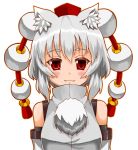  1girl animal_ears bare_shoulders blush bust detached_sleeves gankon hat high_collar highres inubashiri_momiji light_smile looking_at_viewer outline pom_pom_(clothes) red_eyes short_hair simple_background solo tokin_hat touhou white_background white_hair wolf_ears 