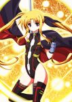  armor bardiche bare_shoulders blonde_hair cape fate_testarossa gloves highres ka2 light_smile lyrical_nanoha mahou_shoujo_lyrical_nanoha mahou_shoujo_lyrical_nanoha_a&#039;s mahou_shoujo_lyrical_nanoha_a's mahou_shoujo_lyrical_nanoha_the_movie_2nd_a&#039;s mahou_shoujo_lyrical_nanoha_the_movie_2nd_a's red_eyes solo thigh-highs thighhighs twintails 
