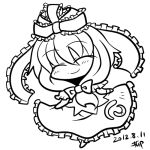  ^_^ chibi closed_eyes dated eyes_closed front_ponytail greyscale hair_ribbon kagiyama_hina long_hair lowres monochrome ribbon signature skirt smile solo touhou yanagi_(nurikoboshi) 