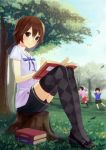  2girls argyle argyle_legwear black_legwear book brown_eyes brown_hair ichiko_oharu leaf looking_at_viewer multiple_girls original outstretched_arms short_hair shorts sitting smile thigh-highs thighhighs tree tree_stump 