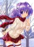  :p absurdres blurry blush copyright_request depth_of_field gift hair_intakes heart highres komatsu_e-ji komatsu_eiji leaning_forward object_behind_back plaid plaid_scarf plaid_skirt pleated_skirt purple_eyes purple_hair scan scarf short_hair skirt snow solo sunlight sweater thigh-highs thighhighs tongue tree violet_eyes white_legwear winter zettai_ryouiki 