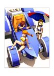  2girls aika_(eternal_arcadia) bad_id blonde_hair braid breasts brown_eyes brown_hair car cleavage eternal_arcadia eyepatch fina green_eyes kyotuka long_hair motor_vehicle multiple_girls navel orange_eyes orange_hair parasol race_queen shadow sitting twin_braids twintails umbrella vehicle vyse 