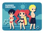  1boy 2girls :d atlus barefoot bikini blonde_hair blue_hair blush breasts character_request chibi crossed_arms embarrassed flat_color hips kujikawa_rise legs lie_chee long_hair long_twintails megami_tensei multiple_girls open_mouth persona persona_4 red_hair redhead scar short_hair smile summer swim_trunks swimming_trunks swimsuit text twintails wavy_hair 
