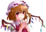  ascot blonde_hair blush bust crystal flandre_scarlet hat hat_ribbon puffy_sleeves red_eyes ribbon short_hair short_sleeves side_ponytail smile solo tkykckemn touhou white_background wings 