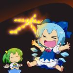  barefoot bloomers blue_hair cirno closed_eyes daiyousei detached_wings dress eyes_closed fire gomi_ichigo green_hair highres ice ice_wings multiple_girls open_mouth outstretched_arms smile spread_arms touhou wings 