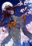  1girl absurdres anapom blush brown_eyes brown_hair cherry_blossoms fang flower from_behind full_moon hair_flower hair_ornament hair_ribbon highres japanese_clothes kimono long_hair looking_back moon night open_mouth original petals ribbon sky smile solo tree twintails 