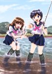  black_hair blue_eyes boots brown_hair closed_eyes cloud clouds eyes_closed fish fishing fishing_rod highres holding holding_fishing_rod looking_at_viewer multiple_girls nature open_mouth original river rubber_boots school_uniform shimazaki_kazumi short_hair skirt sky smile thumbs_up water 