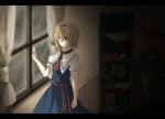  alice_margatroid blonde_hair blue_eyes book bow capelet drape dress hairband lamp letterboxed marble rain ribbon sash shanghai_doll short_hair short_sleeves solo stuffed_animal stuffed_toy teddy_bear toosaka_asagi touhou vase window windows 