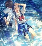  1girl ^_^ back-to-back blue blue_hair book bowtie closed_eyes cloud clouds eyes_closed flip-flops from_above hand_on_forehead highres hose jacket_around_waist laughing long_hair minami_seira open_mouth original partially_submerged pool reading reflection ripples sandals school_uniform shirt sitting sky sleeves_pushed_up summer tree_shade twintails water wet 