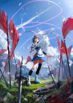  flag grass highres lu_ying luo_tianyi mismatched_footwear sky smile solo sword thighhighs vocaloid weapon 