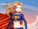  alien bare_midriff belt blonde_hair blue_eyes cape dc_comics flying hair_blowing_in_the_wind kryptonian logo long_hair new_earth s_shield skirt supergirl xenokurisu 