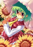  1girl flower green_hair hidamarinet kazami_yuuka plaid plaid_vest red_eyes short_hair solo sunflower touhou umbrella 