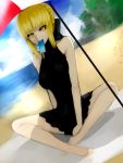  aleron barefoot beach beach_towel beach_umbrella blonde_hair braid breasts dutch_angle fate/hollow_ataraxia fate/stay_night fate_(series) french_braid hair_bun highres kumiko_(aleron) mouth_hold ocean one-piece_swimsuit payot popsicle saber saber_alter shade solo swimsuit yellow_eyes 