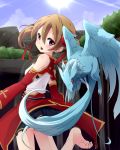  animal barefoot bird blonde_hair cloud clouds cross dragon fang feet highres long_sleeves noa_(nagareboshi) open_mouth pina_(sao) red_eyes short_hair short_twintails silica sky sun sword_art_online toes twintails 