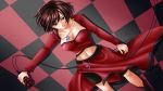  breasts brown_hair cable checkered checkered_background cleavage earrings highres jewelry large_breasts meiko microphone midriff musical_note navel necklace short_hair solo vocaloid wallpaper 