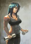  abs aro_(charged_time_out) blue_hair breasts cleavage crop_top dumbbell erect_nipples long_hair muscle original purple_eyes solo violet_eyes weights 