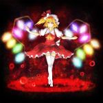 ascot blonde_hair collarbone crystal flandre_scarlet hat hat_ribbon puffy_sleeves red_eyes ribbon short_hair short_sleeves side_ponytail smile solo standing thigh-highs thighhighs touhou white_legwear wings 