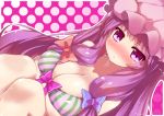  bare_shoulders blush bow bra breasts cleavage hair_bow hat large_breasts long_hair looking_at_viewer patchouli_knowledge payot purple_eyes purple_hair snowcanvas solo striped striped_bra touhou underwear underwear_only very_long_hair violet_eyes 