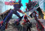  building city dark_side_of_the_moon fighting highres kanegon_(facialexpression) optimus_prime robot sentinel_prime spark sword transformers weapon 