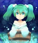  bucket collarbone green_eyes green_hair hair_bobbles hair_ornament in_bucket in_container kisume long_sleeves nitorino off_shoulder short_hair smile solo touhou twintails wide_sleeves 